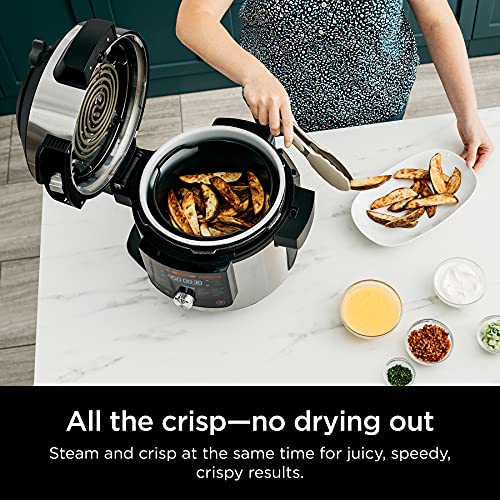 OL701 14 in 1 SMART XL 8 Qt. Pressure Cooker Steam Fryer with SmartLid & Thermometer Auto Steam Release, that Air Fries, Proofs & More, 3 Layer Capacity, 5 Qt. Crisp Basket, Silver/Black