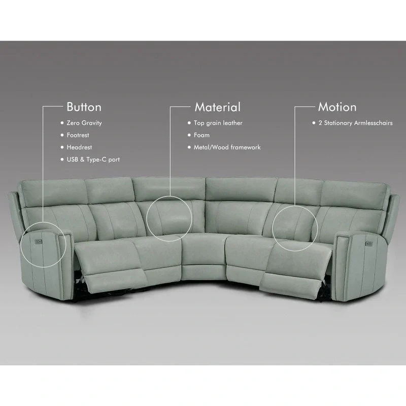 104" 3-Color Genuine Leather Power Reclining Sectional Sofa with Zero Gravity Feature, USB & USB-C Ports, and 2 Stationary Armless Chairs