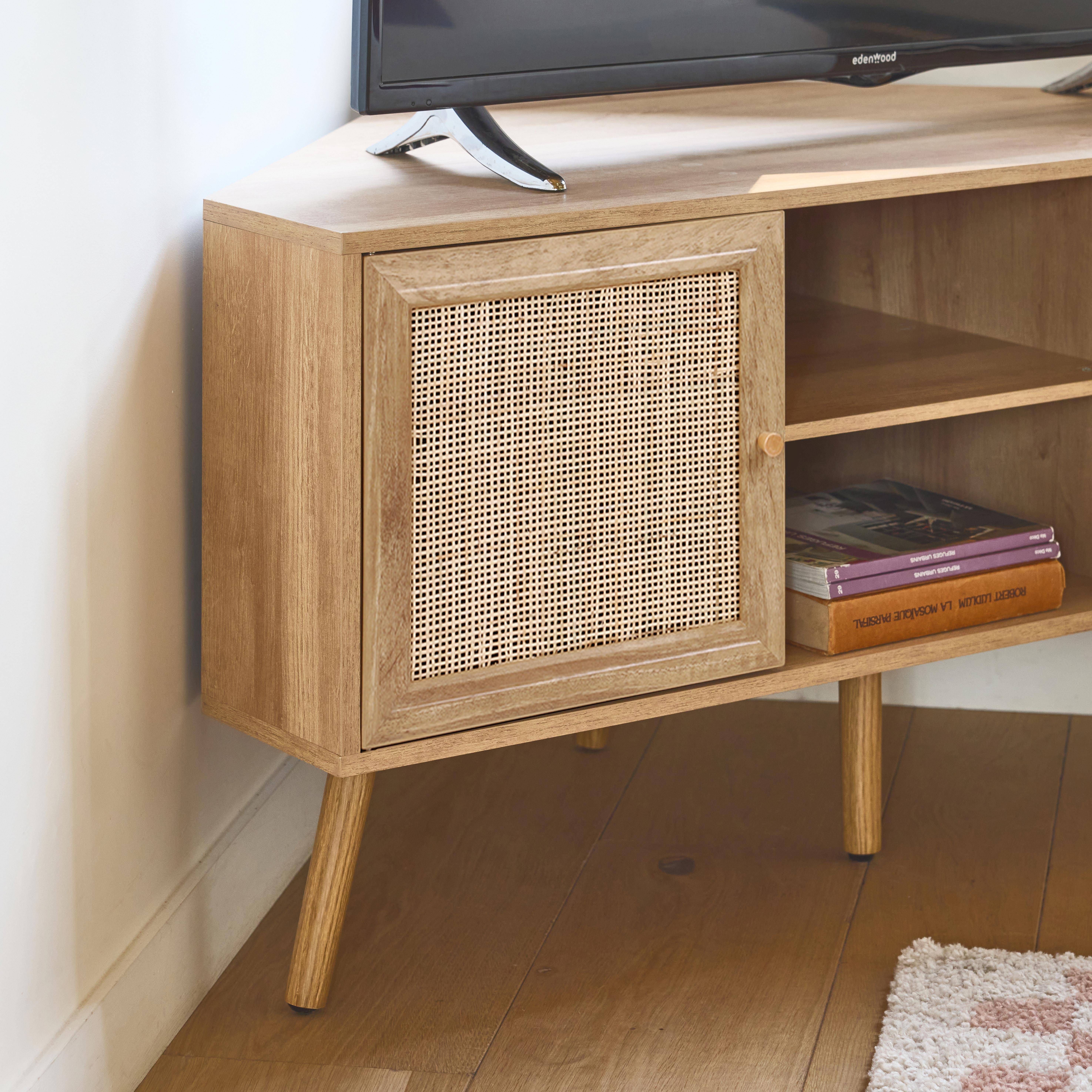 Boheme - Mueble TV esquinero, madera y caña, 2 puertas, 1 estante, 115cm