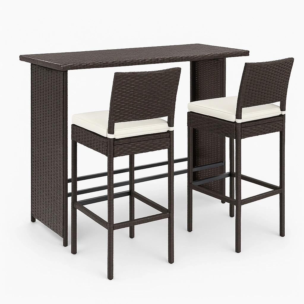 ConjuntosdeBar mesa y 2 sillas marrón/blanco ratán sintético y metal exterior jardín - utCZBCZ513WD