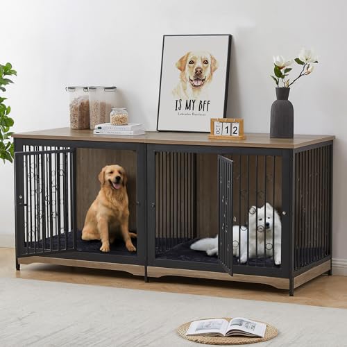 71'' Dog Crate Furniture for 2 Large Medium Dogs, XXL Wooden Indoor Double Crate Kennel Cage Large Breed with Door, TV Stand End Table with Divider, No Cushion,Brown