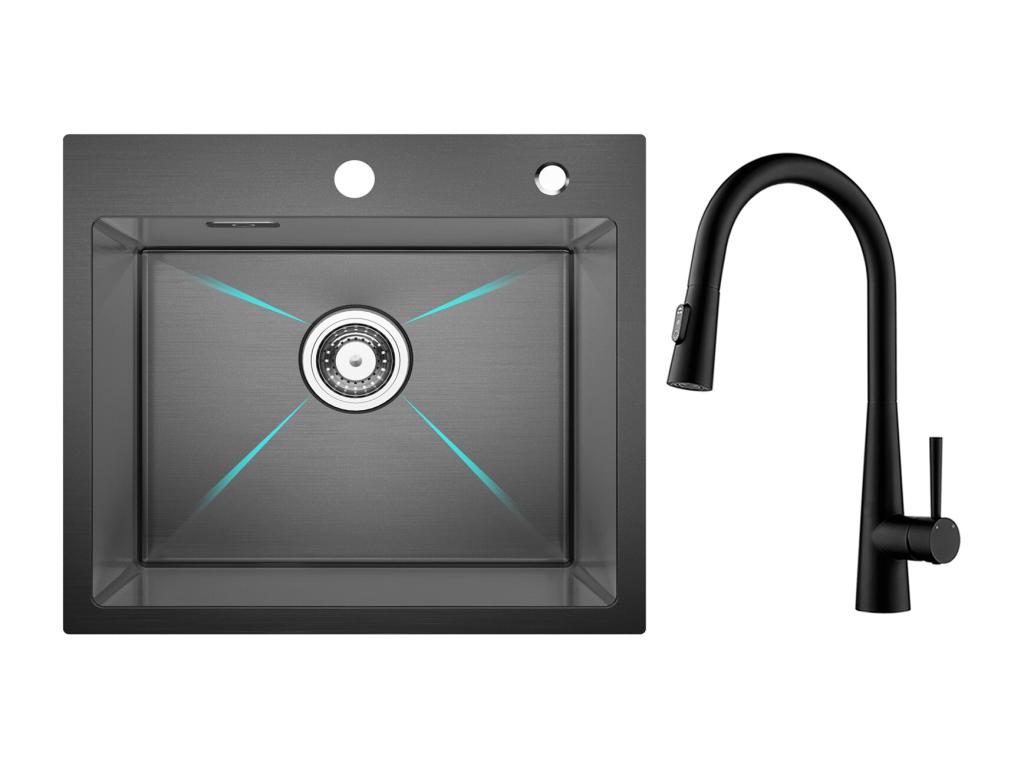 hogvips Fregadero de Acero Inoxidable Fregadero de 1 Seno 50×45 cm Fregadero de Cocina en Nanómetros Negros + Grifo Monomando con Ducha Extraíble, 3 Modos de Salida de Agua, Negro
