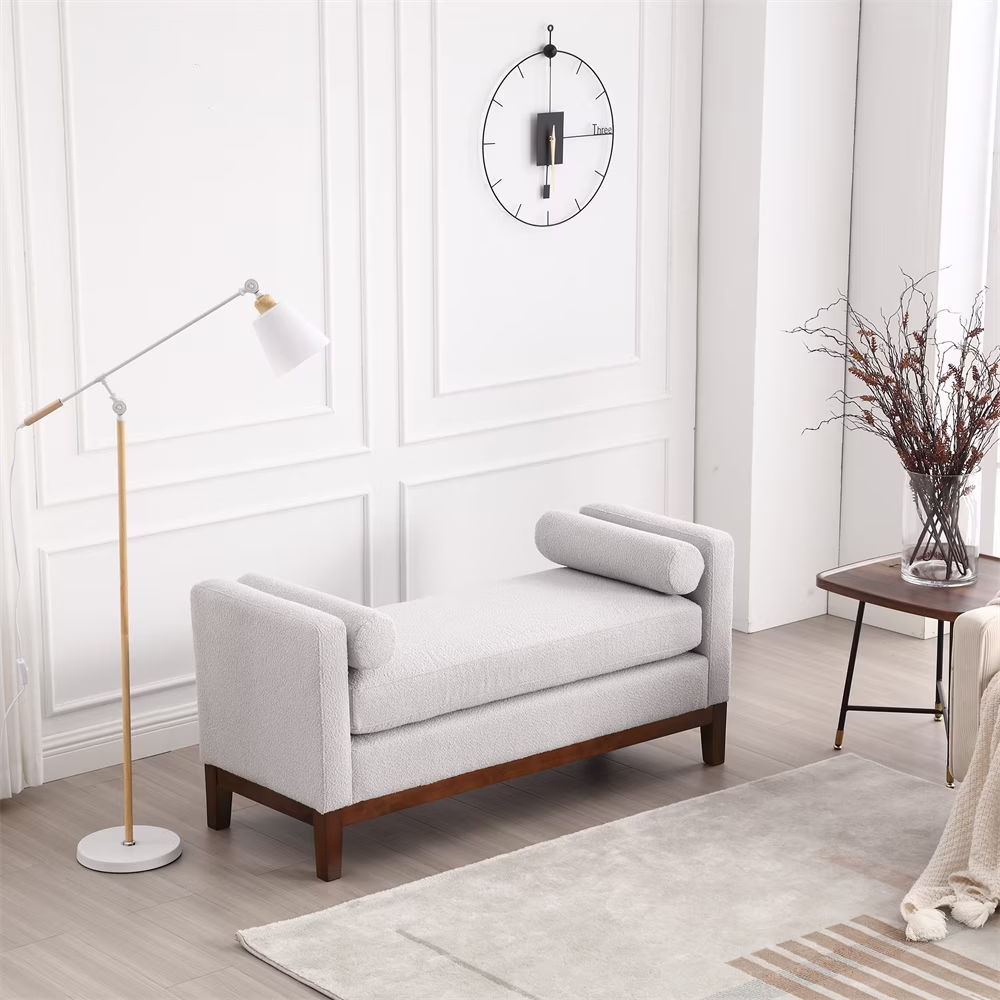 53.5"W Elegant Upholstered Bench with Wood Legs & Round Pillows,Comfy Boucle Fabric Footrest with Arms, Entryway Bench for End of Bed, Bedroom and Living Room, Ivory - Image 3