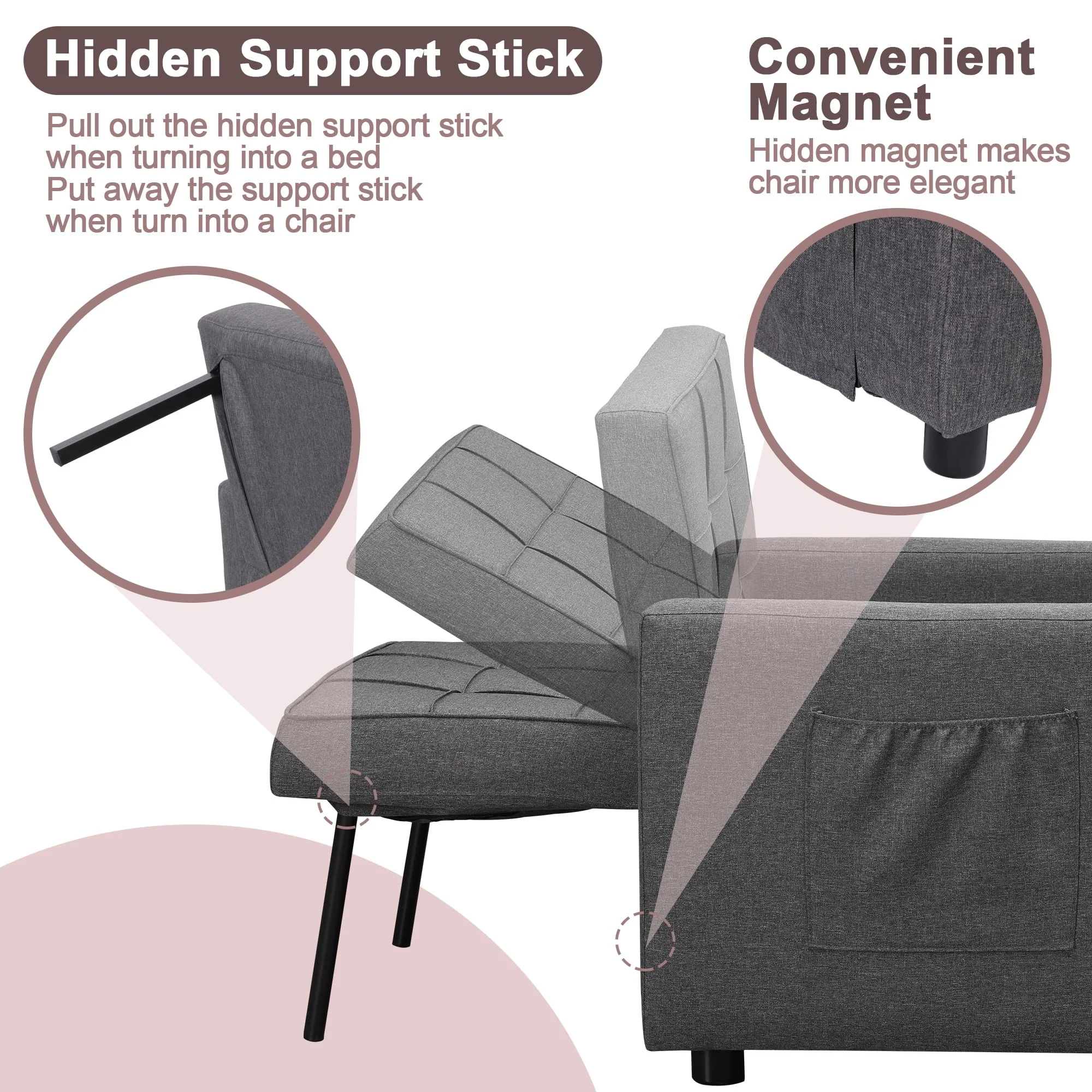 Tolead 3-in-1 Convertible Sofa Bed Sleeper Chair with Adjustable Backrest, Gray - Image 4