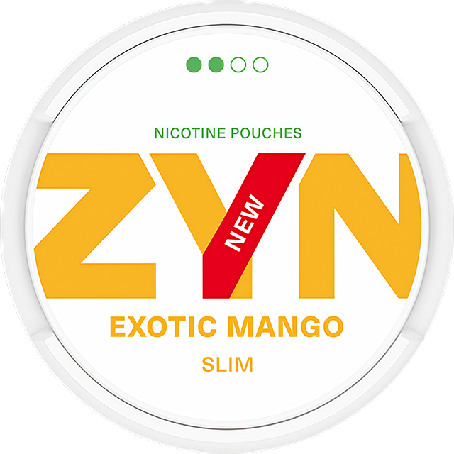ZYN Exotic Mango 9mg nicotine pouches — Slim Moist can with 21 normal-strength ripe-mango pouches