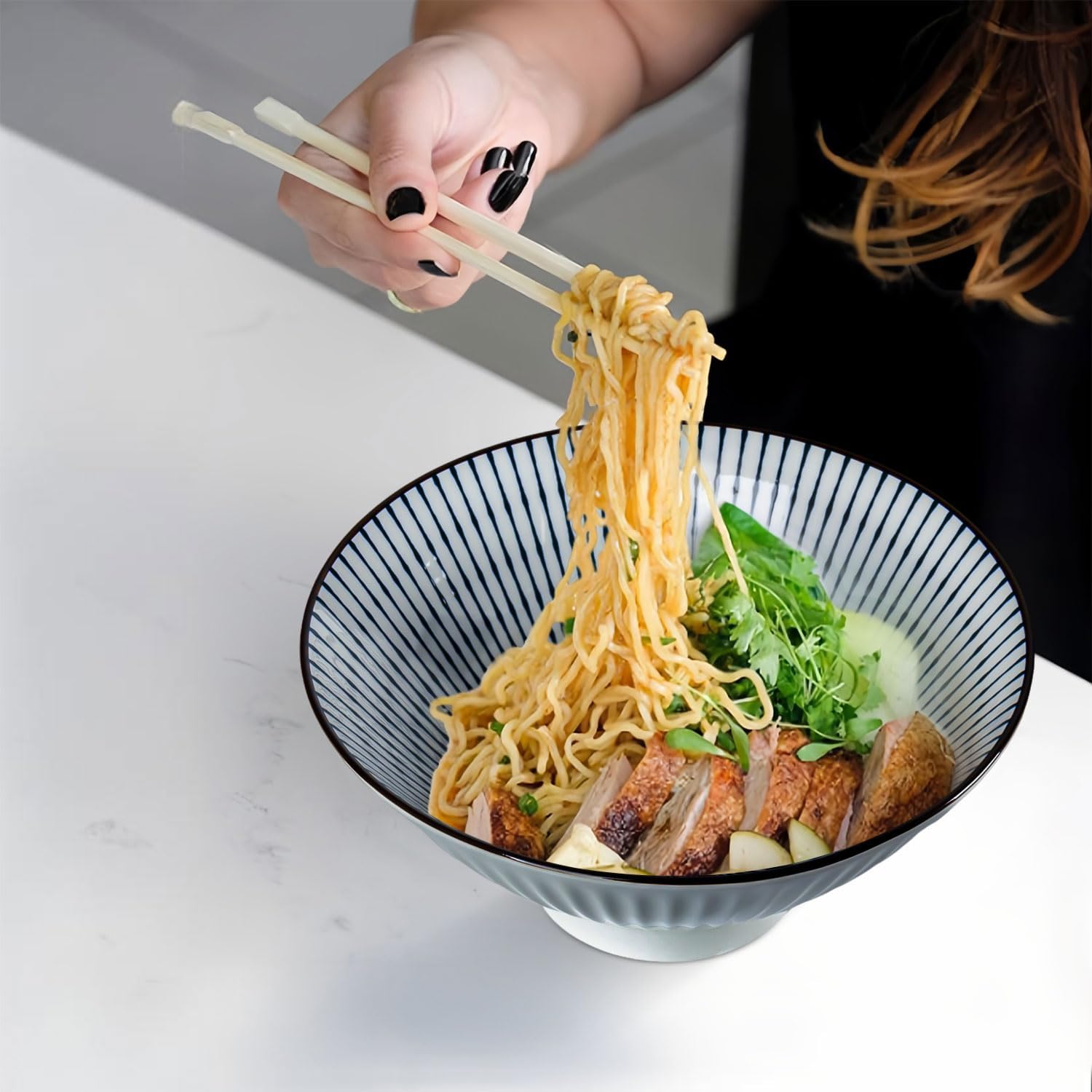 38 oz Japanese Ramen Bowl Set of 6 - Large 8 Inch Ceramic Soup Bowls, Blue and White Japanese Noodle Bowls for Pho, Ramen, and Salad - Striped Patterns