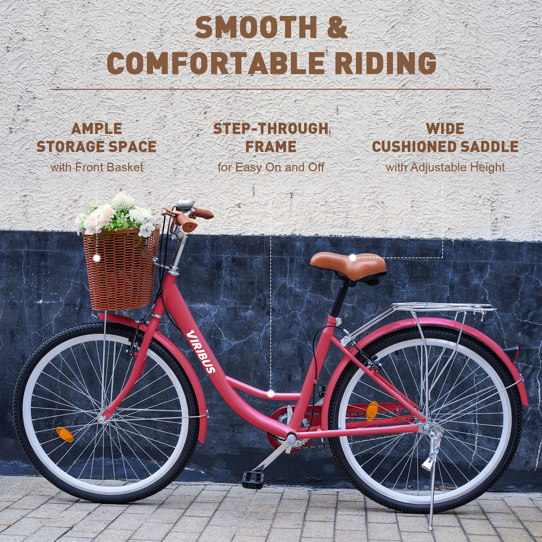 Viribus Women's Comfort Bike 24 inch Beach & City Cruiser Bicycle with Basket Rack White - Image 11