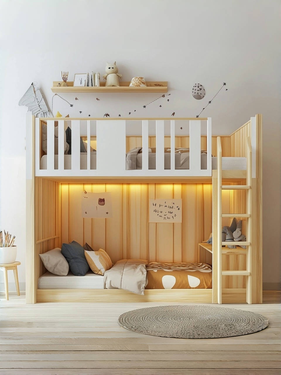 Cama litera madera de pino macizo,color blanco y natural,dormitorio infantil,205x144x95 cm