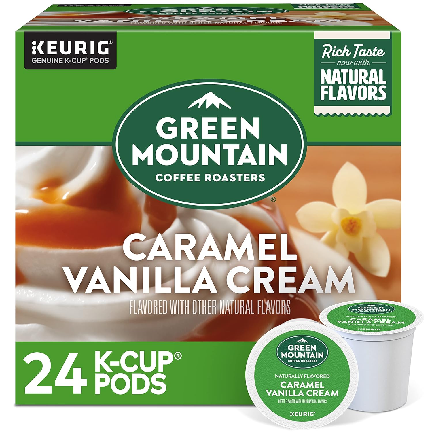 Green Mountain Coffee Roasters Caramel Vanilla Cream. Single-Serve Keurig K-Cup Pods. Flavored Light Roast Coffee. 24 Count