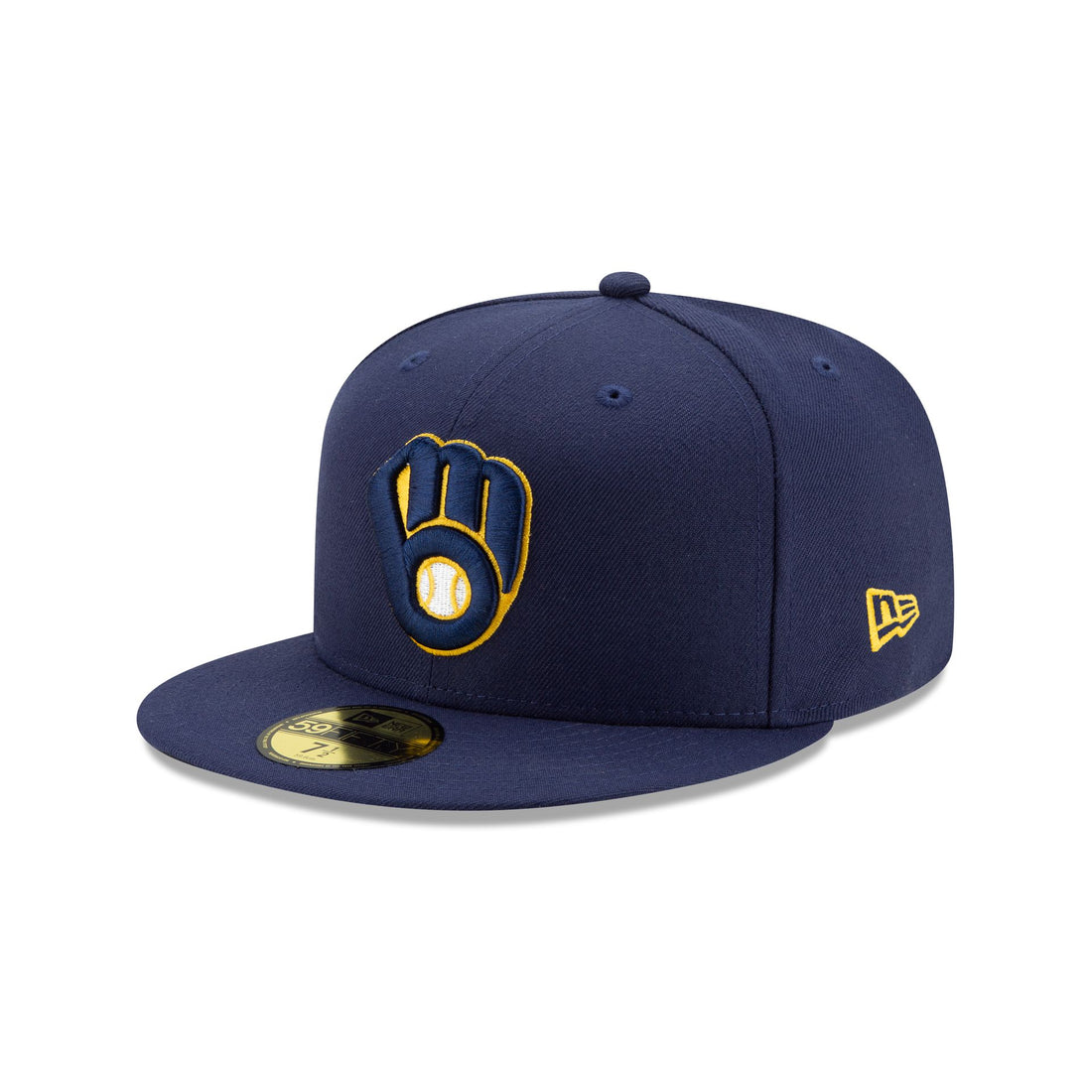 Left angled front view of Milwaukee Brewers fitted baseball cap highlighting the team logo and New Era flag.