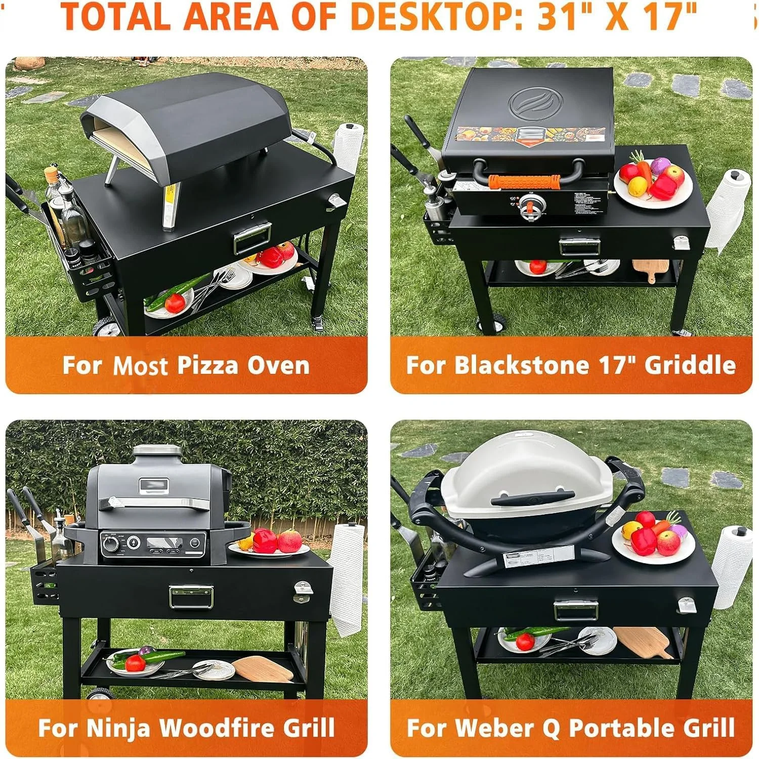 Foldable Grill Table Cart for Ninja Woodfire OG700, Blackstone Portable Griddle, Weber, Ooni Pizza Oven -C Portable Outdoor BBQ Prep Stand with Caddy, Ideal for Camping and Tailgating - Image 2