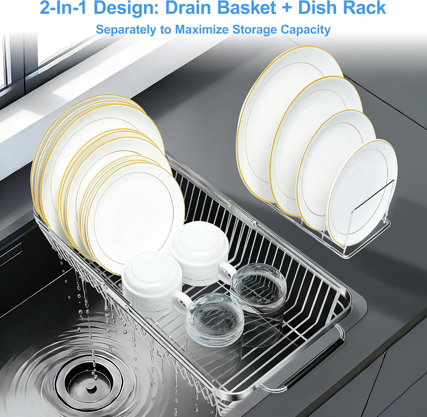 Dish Drying Rack Over The Sink, Stainless Steel Dish Racks for Kitchen Counter, Expandable Drainer for Kitchen Sink Organizer, 2-in-1 Extend Drain Basket and Plates Holder for Utensil Storage
