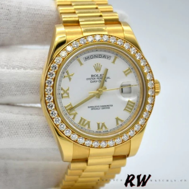 Rolex Day-Date 228348RBR White Roman Dial Diamond Bezel 40mm Mens Replica Watch