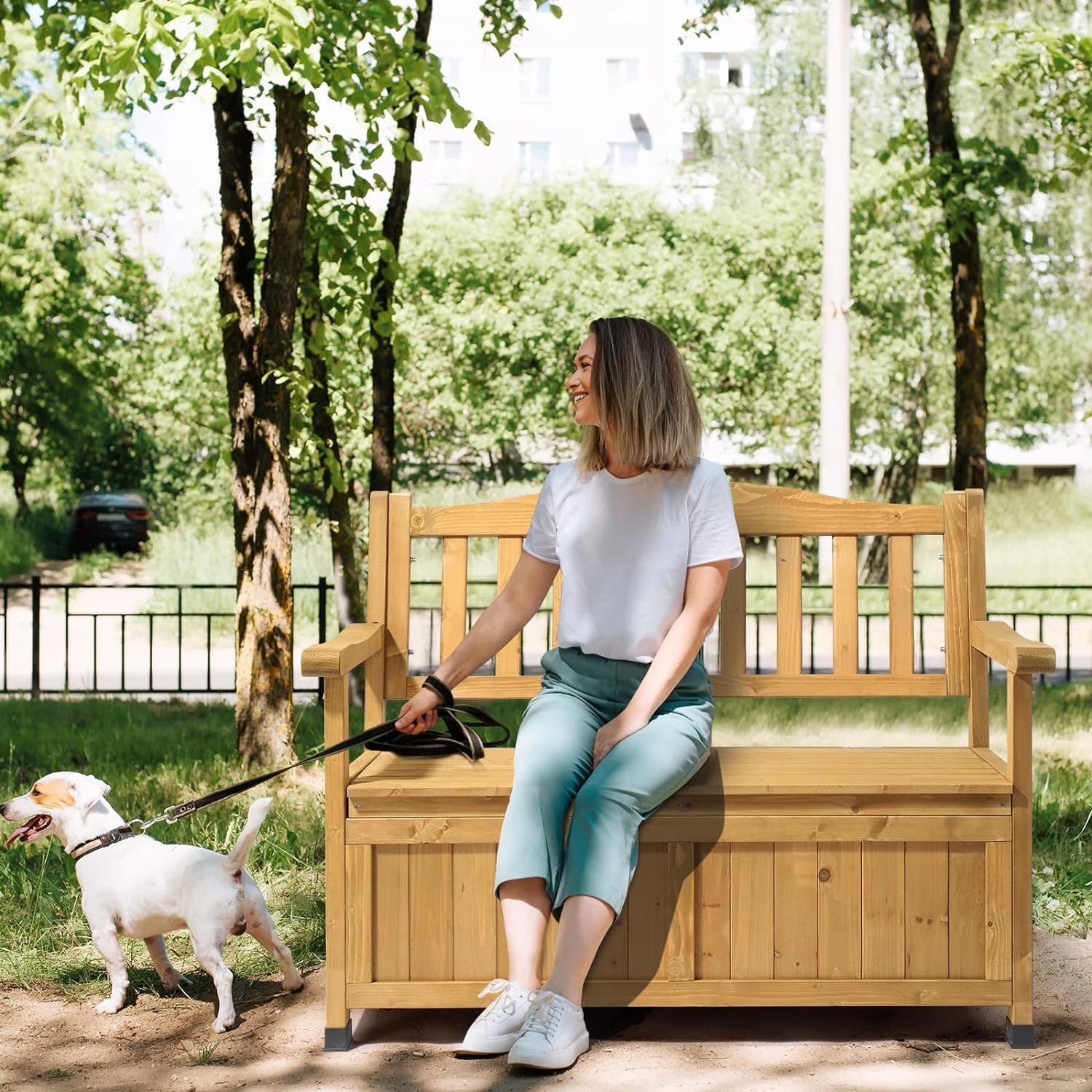 Outvita Outdoor Wood Storage Bench, Wooden Large Deck Box with Seating & Armrest, Waterproof Patio Organizer Loveseat for Garden Porch Deck Backyard Poolside, Natural