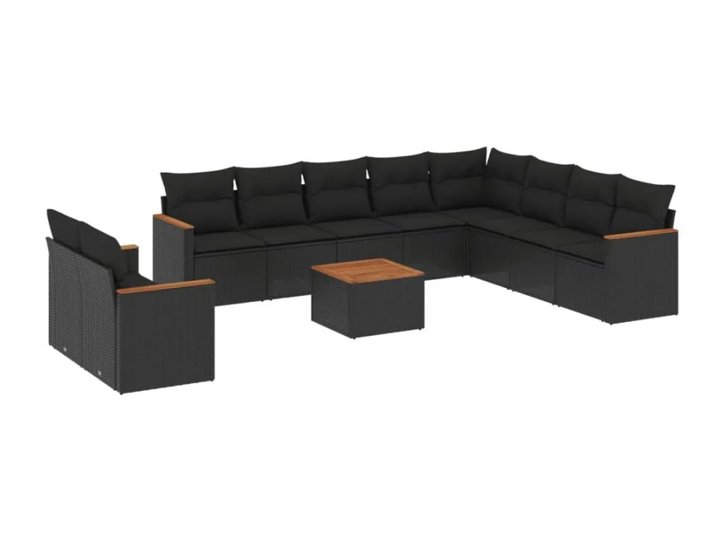 Set de sofás de jardín 11 pzas y cojines ratán sintético negro