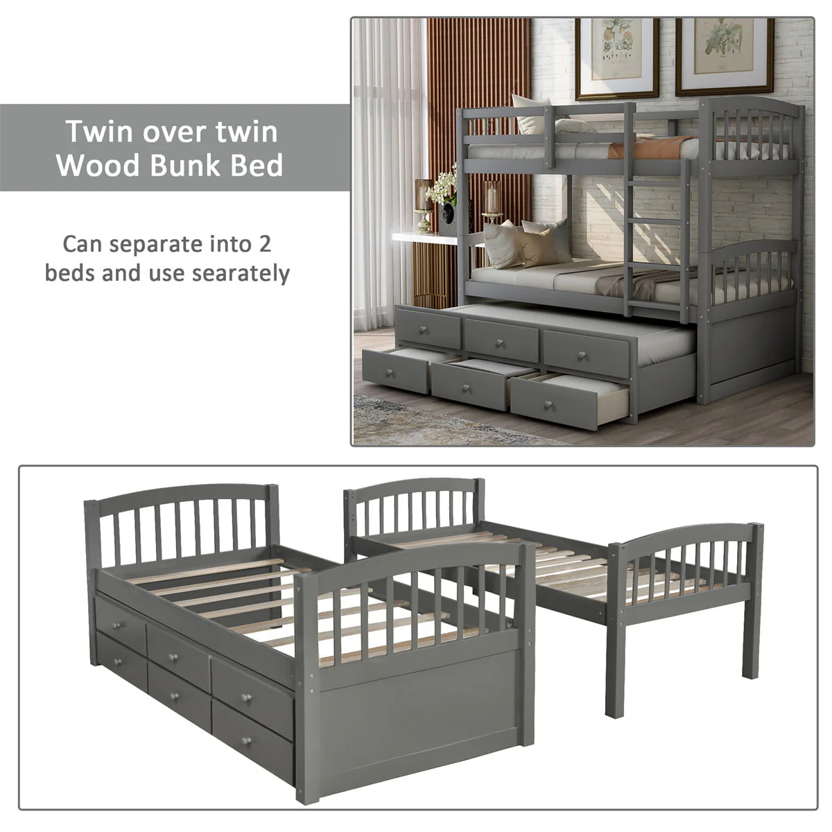 Twin-Over-Twin Bunk Bed with 3 Storage Drawers, Twin Bunk Bed Frame with Ladder & Safety Rail, Pinewood Trundle Bunk Bed for Teen Bedroom, Guest Room Furniture, Can be Convertible to 2 Beds, Gray - Image 3