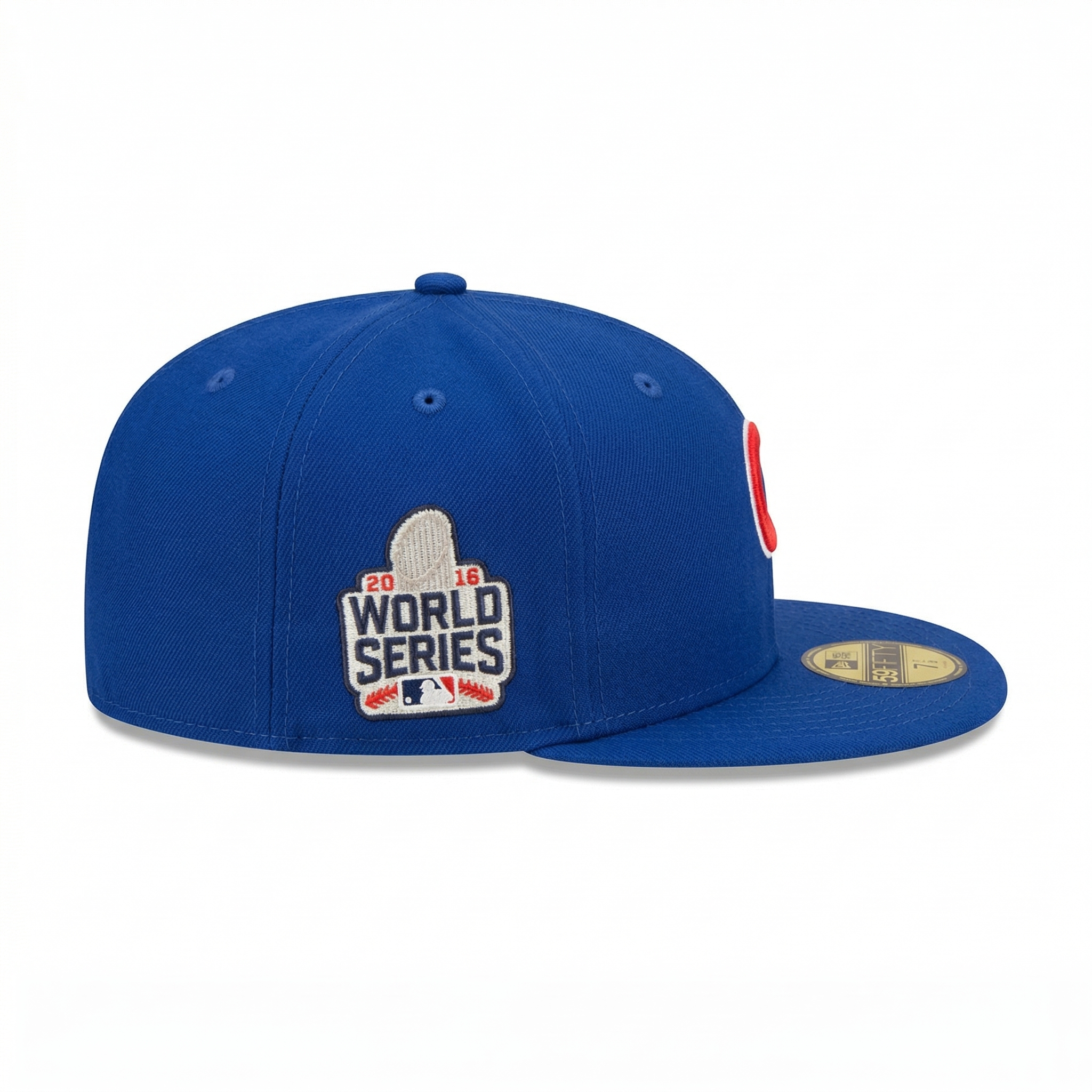 Side profile of a blue Chicago Cubs New Era cap highlighting the embroidered 2016 World Series patch