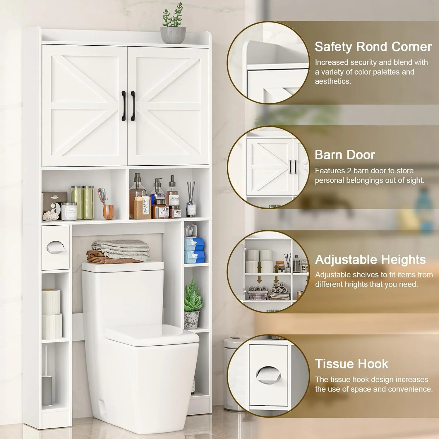 Vabches Over The Toilet Storage Cabinet with Toilet Paper Holder Stand, Above Toilet with Adjustable Shelf & 2 Doors - Image 4