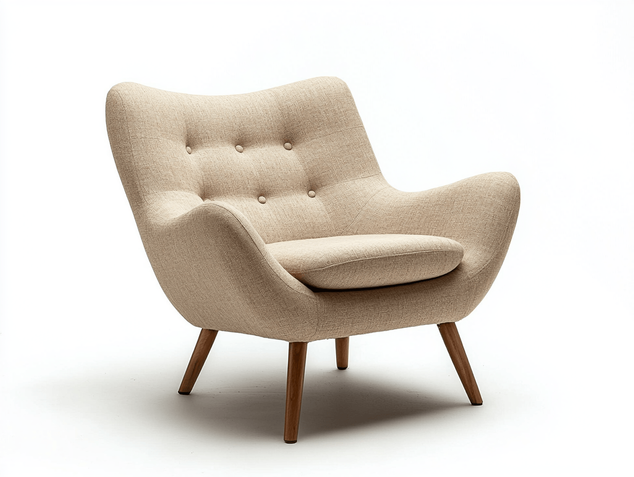 Sillón ancho tapizado – tela beige 84×78×86 cm – respaldo ergonómico con botones y patas de madera natural