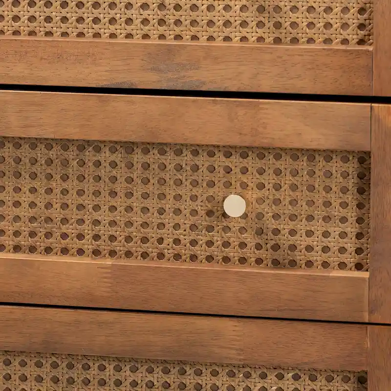 Ramiel Mid-Century Modern 4-Drawer Chest in Ash Walnut with Rattan Accents