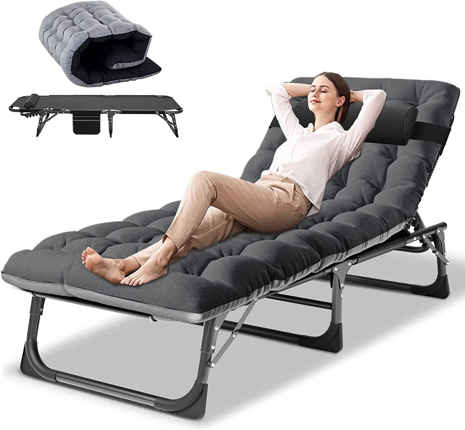SLSY Folding Camping Cot with 2 Sided Cushion & Pillow, Adjustable 5-Position Outdoor Portable Folding Lounge Chair, Folding Sleeping Cots Bed - Image 10