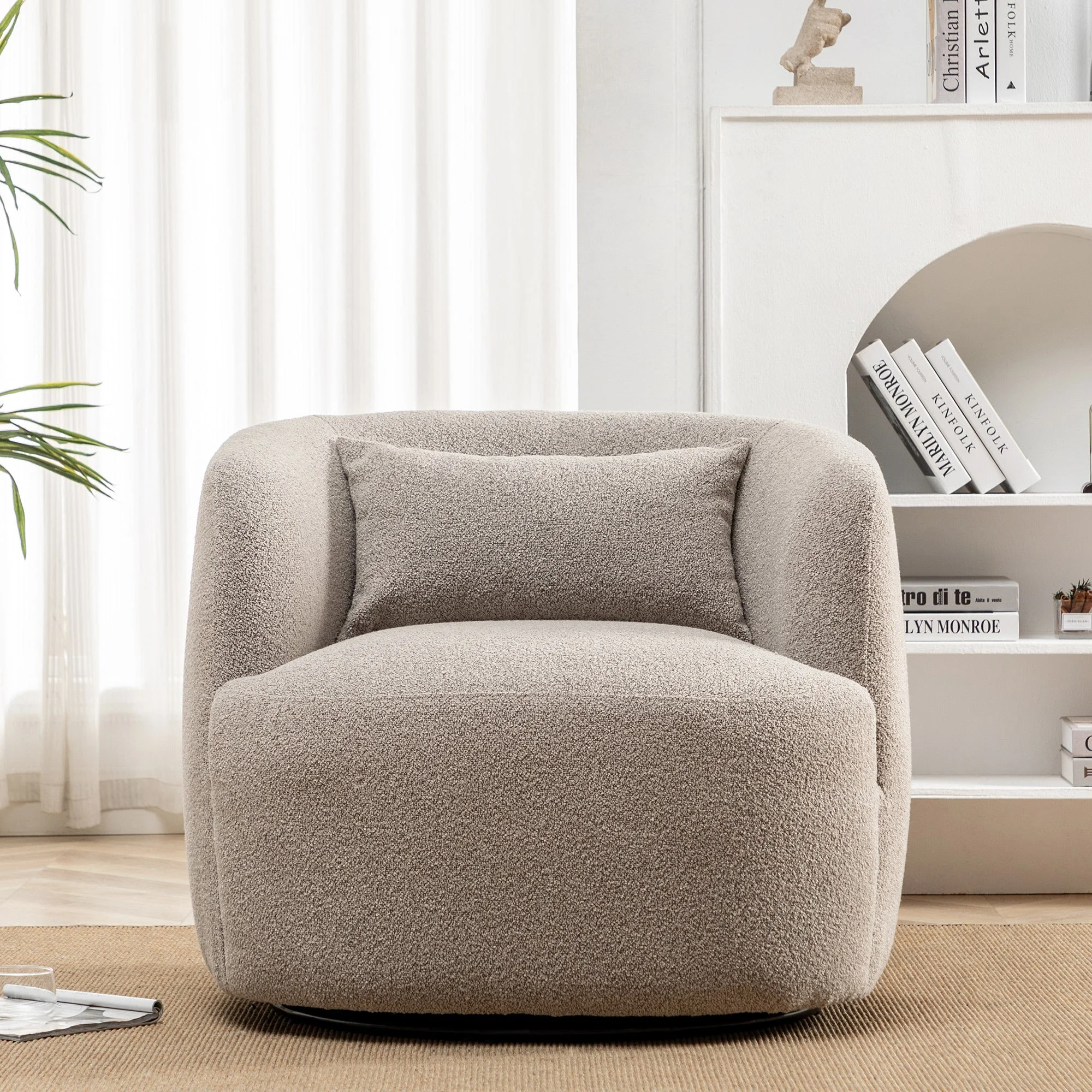 34" Wide Boucle Swivel Barrel Chair, No Assembly Round Upholstered Armchair Accent Chair Single Sofa Chair with Toss Pillow for Living Room and Bedroom, Taupe - Image 15