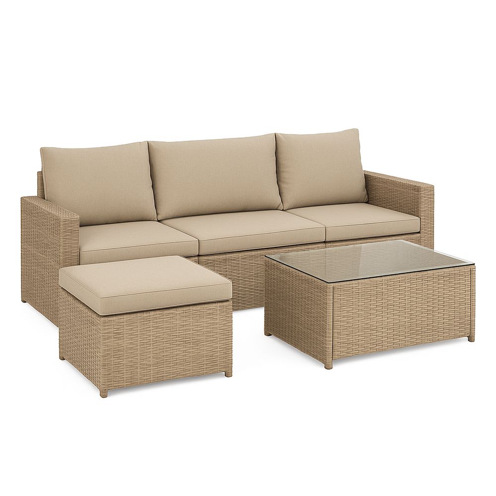 Juego de Sofá Modular de Jardín con Cojines y Mesa de Vidrio,Ratan Sintético,Color Beige,Estilo Moderno,4 Piezas