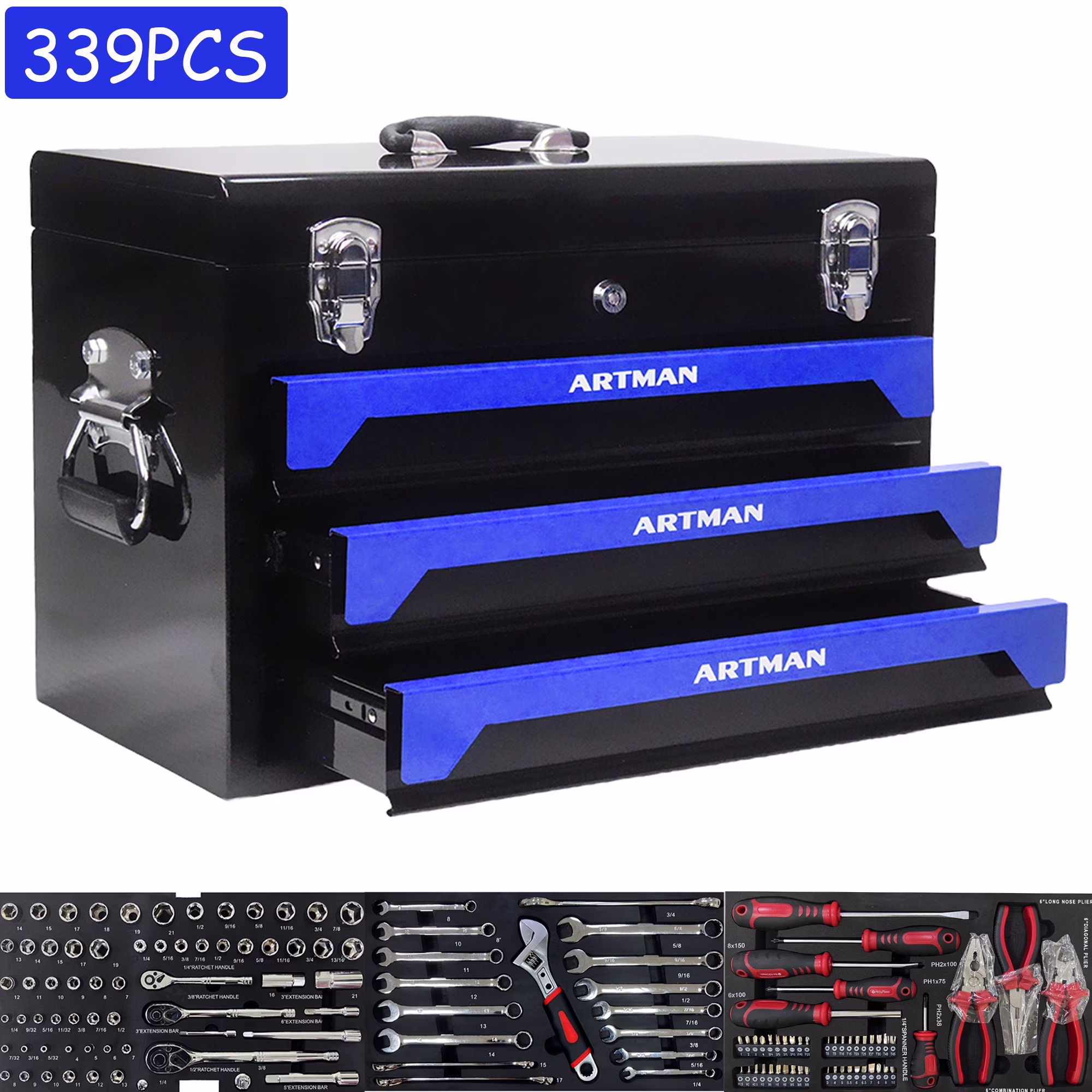 Seizeen Heavy Duty Universal Mechanic Tool Set, Metal Black, 19.7"x 10.6" x 13.86", 339 Count - image 3