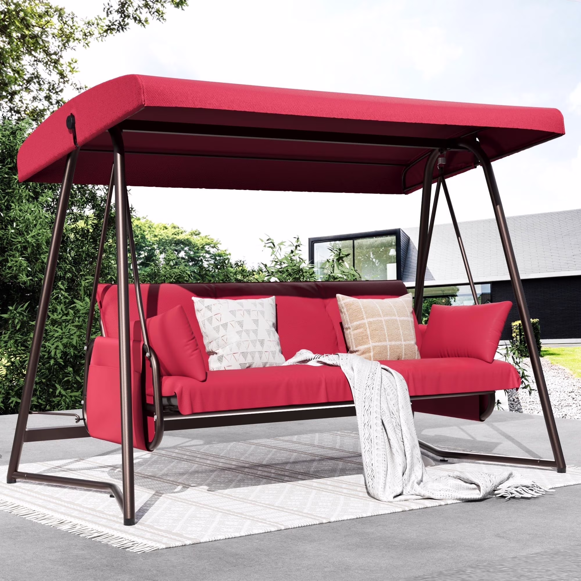 TQKVIPI Oversized 4 Person Outdoor Porch Swing with Adjustable Backrest Canopy,2-in-1 Swing Bed 800 lbs Capacity,Patio Swing with Removable Cushions for Yard Garden Poolside Balcony