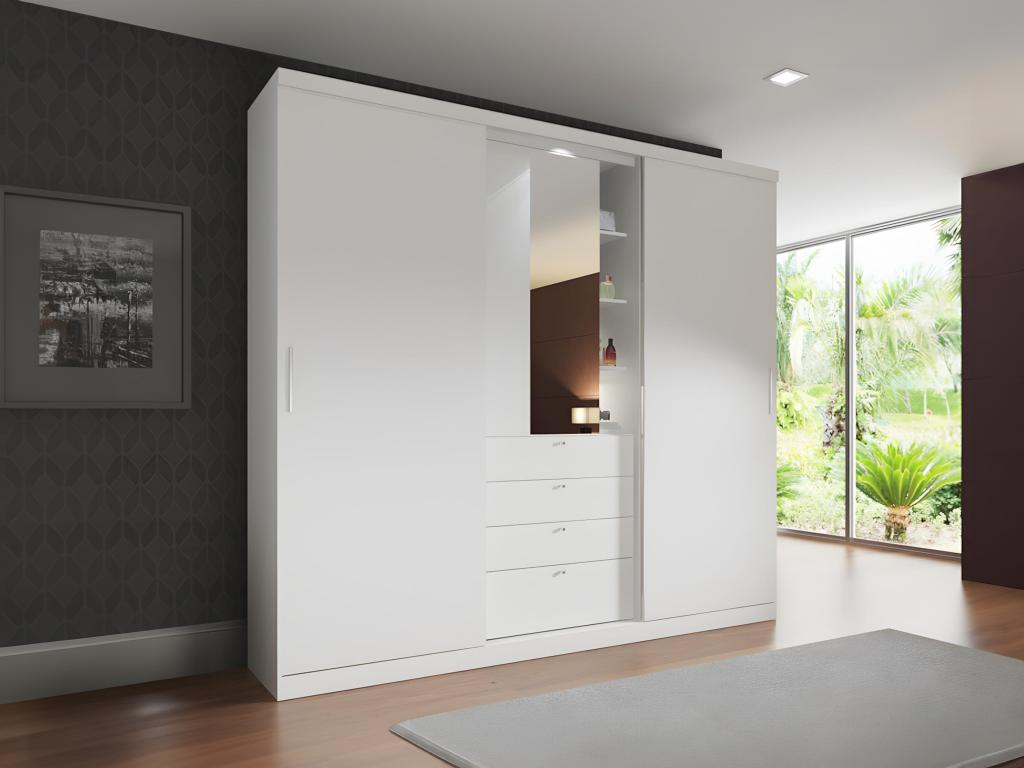 Armario puertas correderas espejo cajones - l.240Cm - blanco