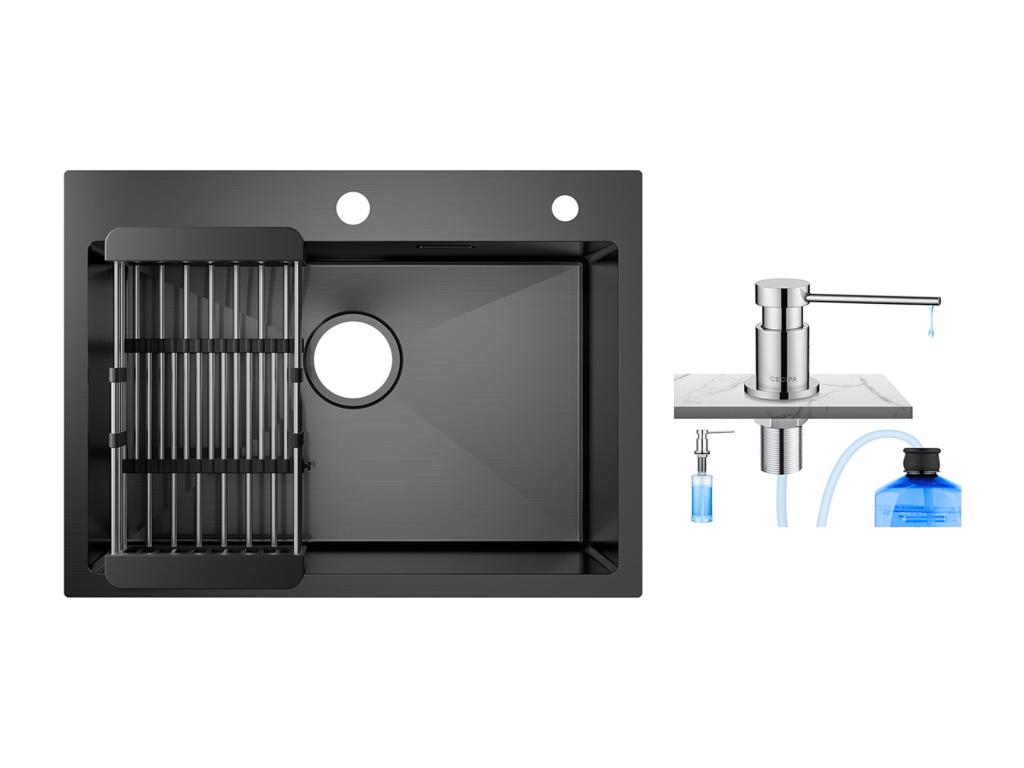 Mubdelu Fregadero de Cocina 1 Seno 60×45×18CM Fregadero de Acero Inoxidable 201 Negro con Cesta de Drenaje + Dispensador de Jabón de Cocina Cromado 300ML