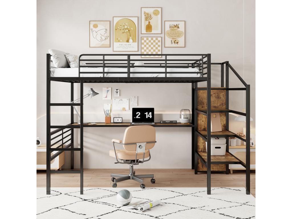 Cama entrepiso de metal 140x200 cm - con escritorio, armario y escalera de almacenamiento - Negro