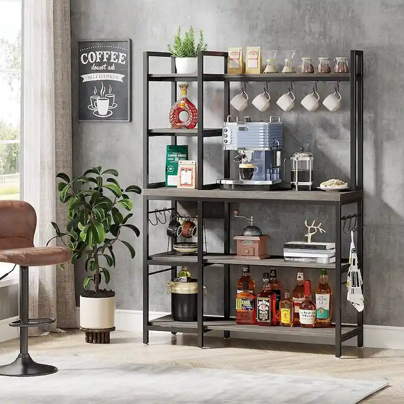 43-Inch Kitchen Bakers Rack with Microwave Stand - 5-Tier Utility Storage Shelf and 10 Hooks for Kitchen and Living Room