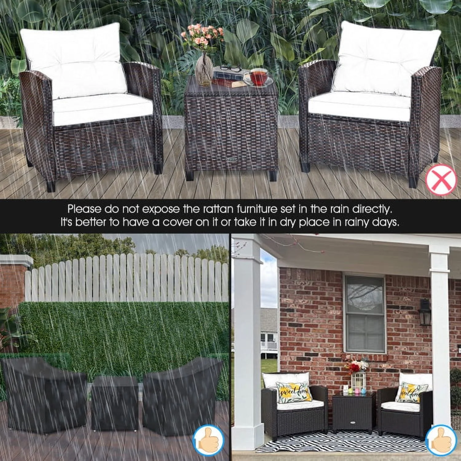Spaco Patio Furniture 4 Pieces Patio Rattan Furniture Set, Outdoor Wicker Rattan Chairs Garden Backyard Balcony Porch Poolside loveseat with Coffee Table Cushioned Sofa-White - Image 16