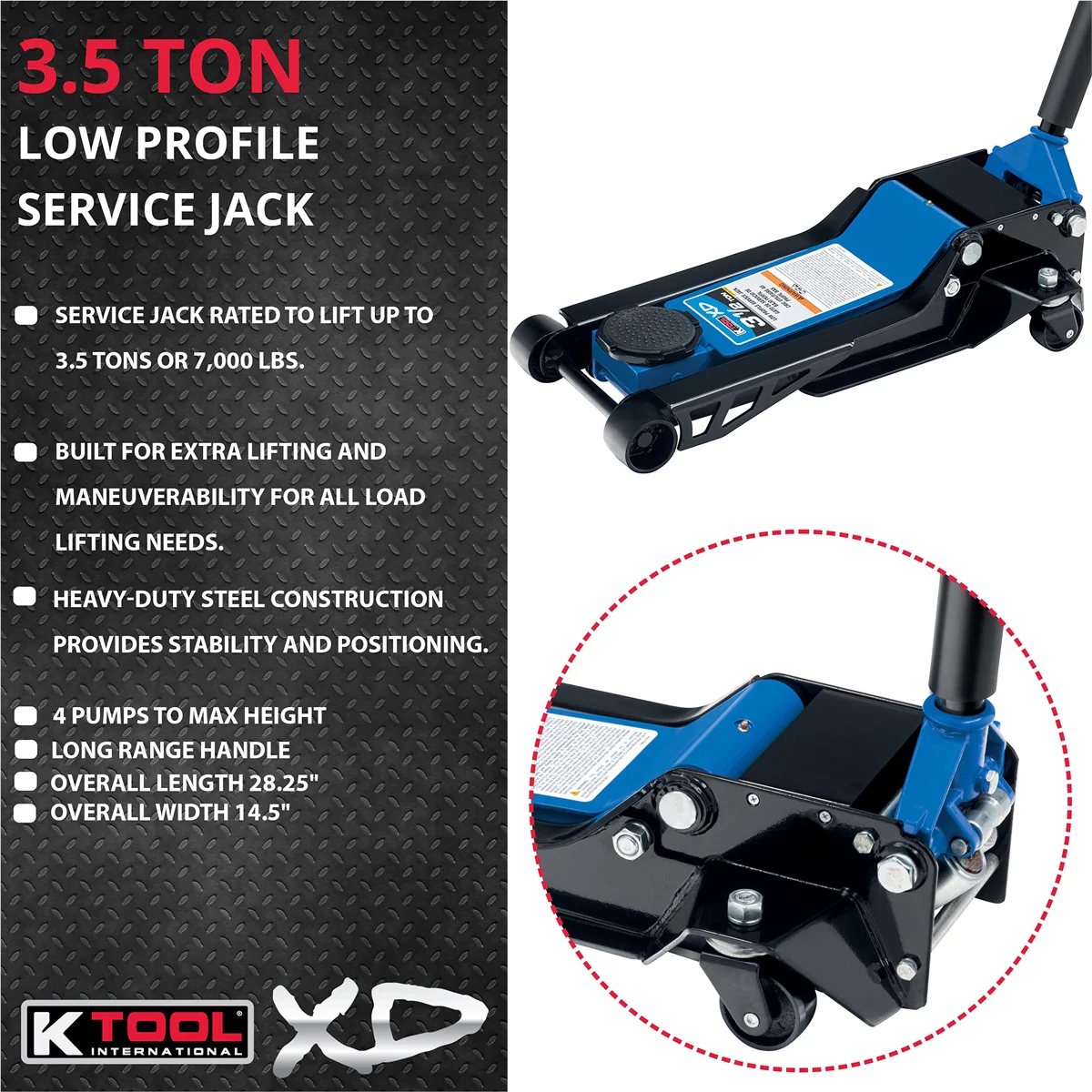 K-Tool INT022 3.5 Ton Low Profile Service Jack; Dual Pump Piston - Image 3