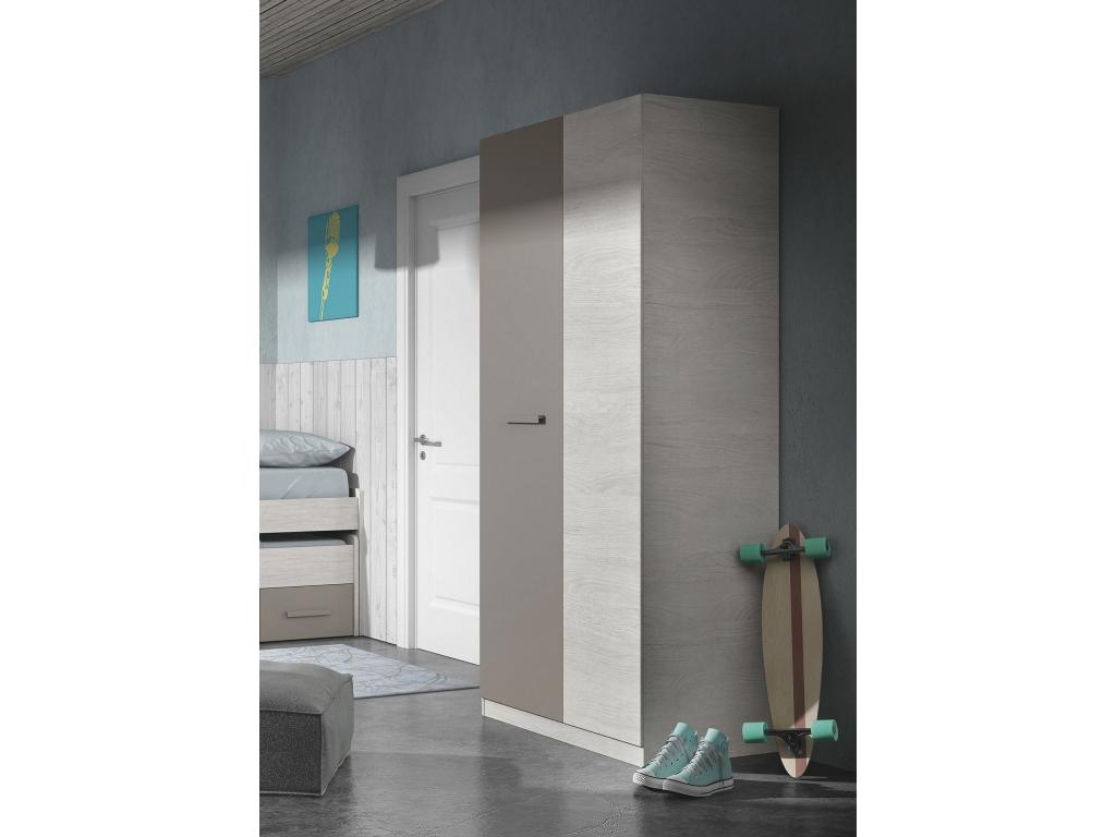 Armario Abodeia - Armario dormitorio con 2 puertas batientes - Mueble con 3 baldas y barra perchero - 90x52h200 cm - Blanco y Marrón