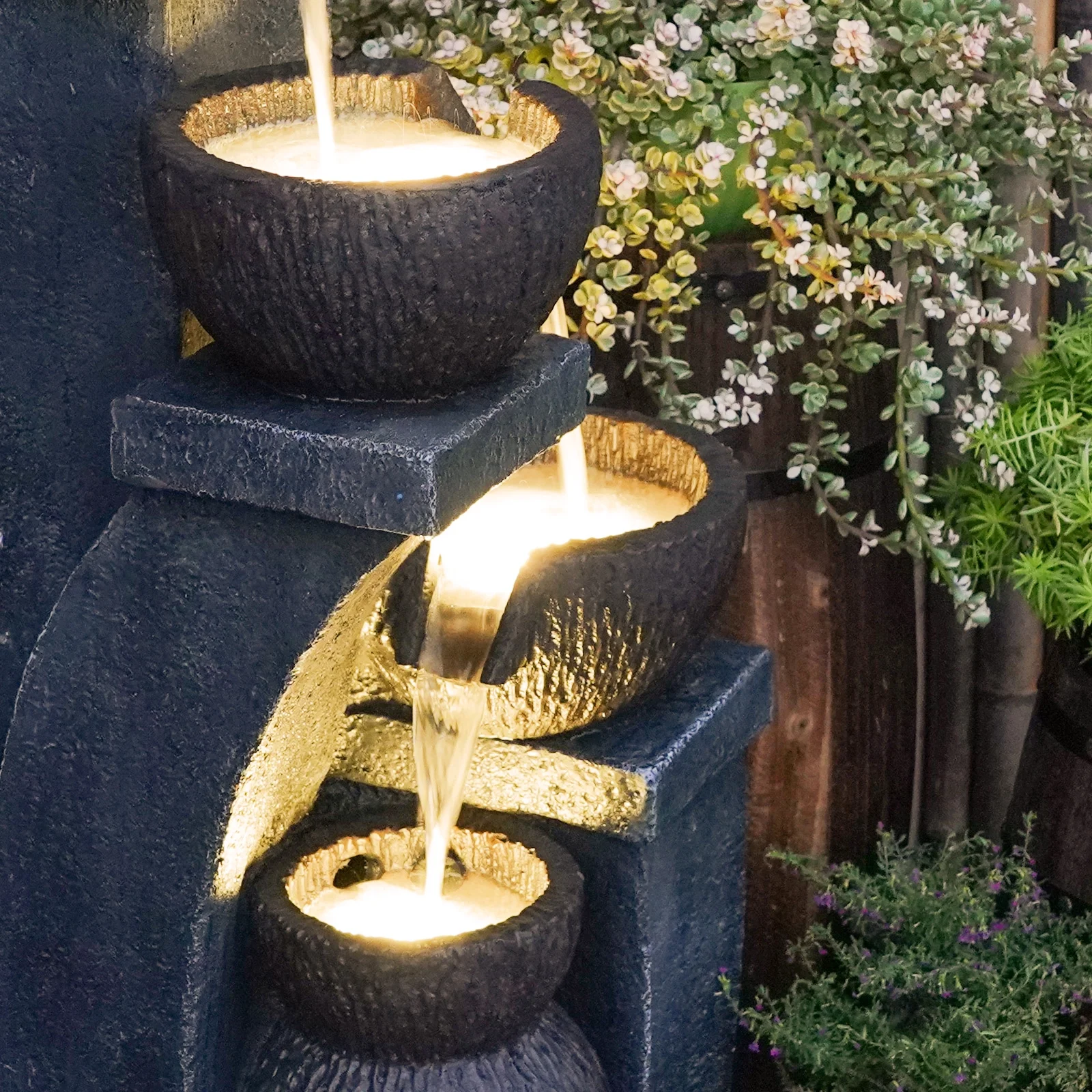 Outdoor Water Garden Fountain 37.40-H Waterfall Small Fountains Cascading Bowl and Jar Water Feature with LED Light for Backyard Patio Porch and Home Art Decor - Image 5