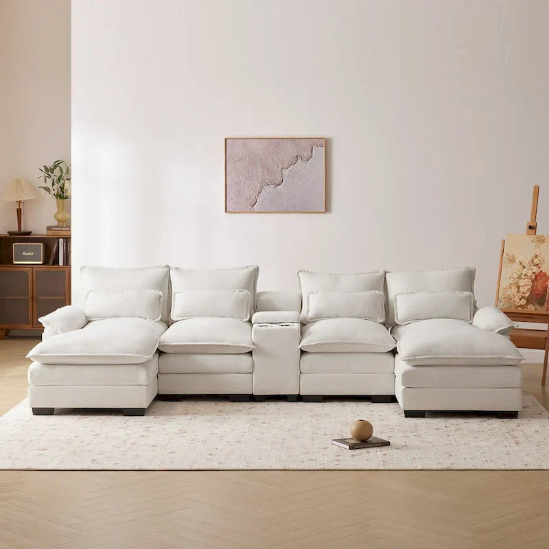 123*55 Contemporary U-Shaped Sofa with Console, Cup Holders, USB Ports, Upholstered Sleeper Couch Set with Chaise