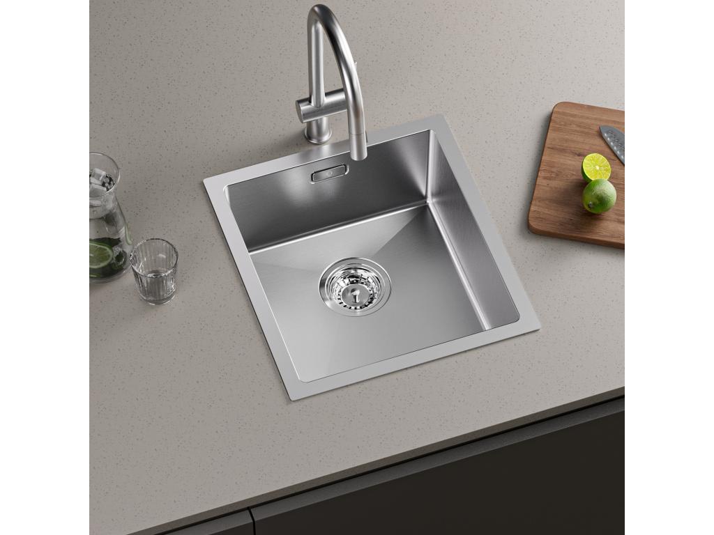 Pratcas Fregadero de cocina 1 seno 40x44x19 cm - Fregadero de acero inoxidable cepillado bajo encimera + Dispensador de jabón de cocina negro