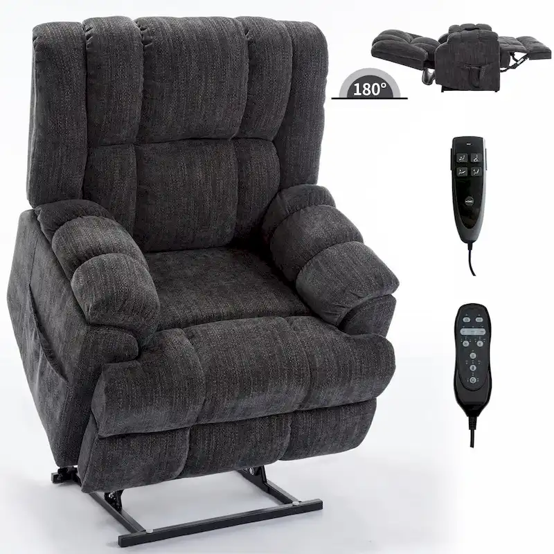 Grey Oversized Chenille Power Lift Recliner with Massage, Heating, and Flat Lay Feature