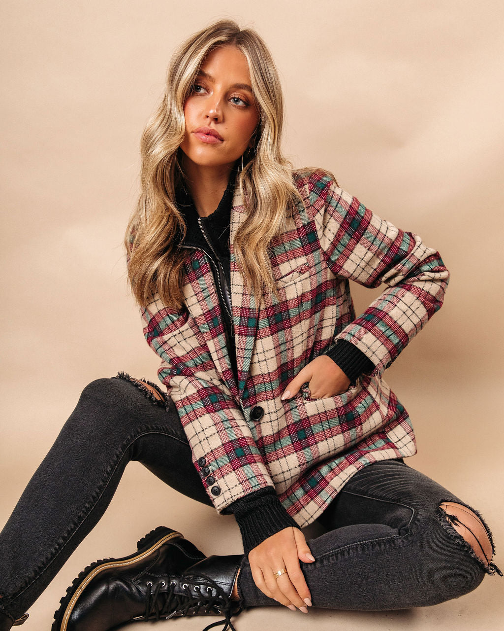 Good Tidings Pocketed Plaid Blazer - Se7enfashion