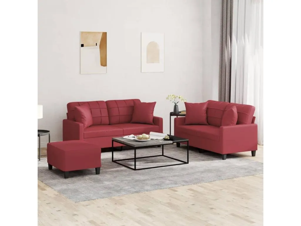 Juego de sofás con cojines 3 piezas cuero sintético rojo tinto xxl3572463