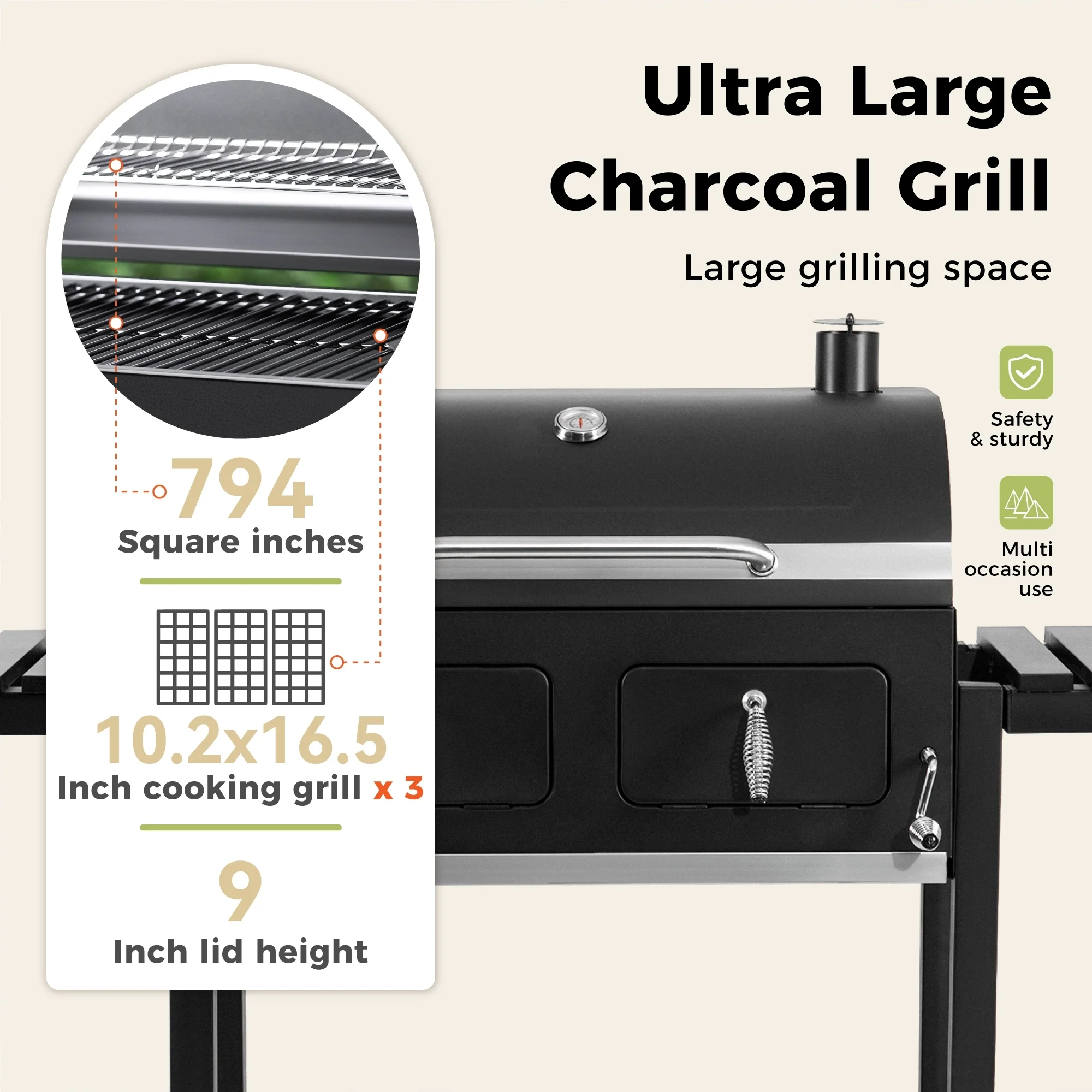 Extra Large Charcoal BBQ Grill with 794 sq. in. Cooking Area, Dual Lifting Charcoal Trays & Foldable Side Tables - Image 3