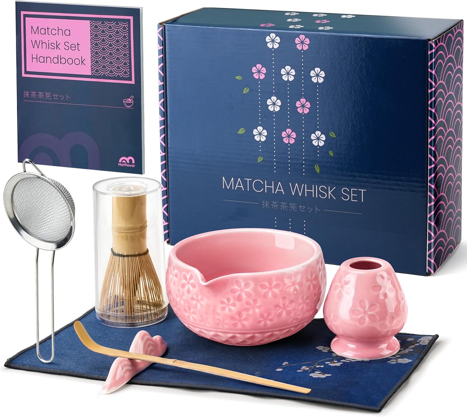 Matcha Whisk Set, Ceramic Bowl Matcha Kit & Handcrafted Bamboo Chasen, Complete 5 Pcs Matcha Set Whisk and Bowl, Stainless Steel Sifter, Bamboo Scoop & Holder for Matcha Lovers