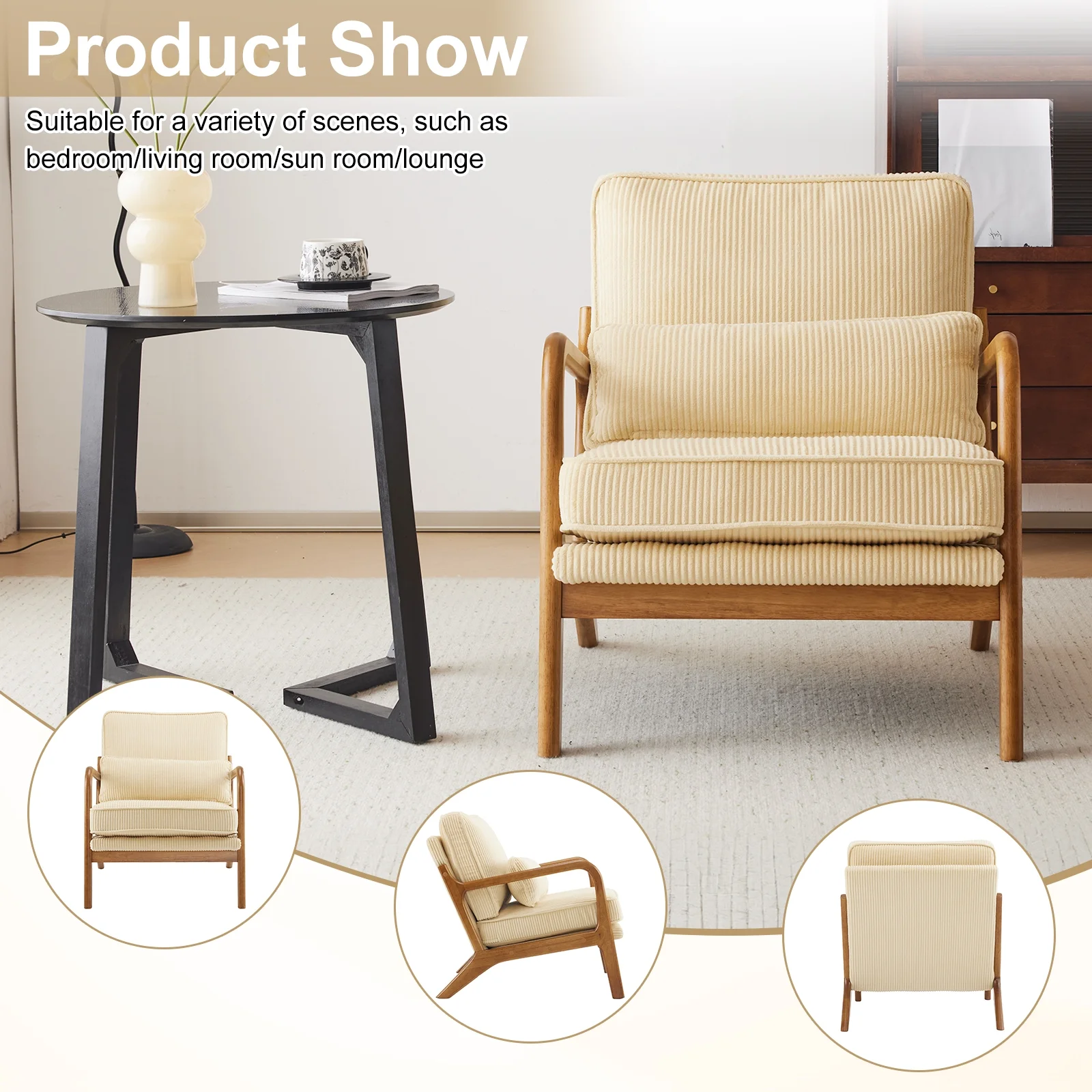 Ktaxon Accent Chair Corduroy Upholstered Armchair, Reading Club Chair with Pillow and Solid Wood Frame for Living Room Bedroom Furniture Off White - Image 61