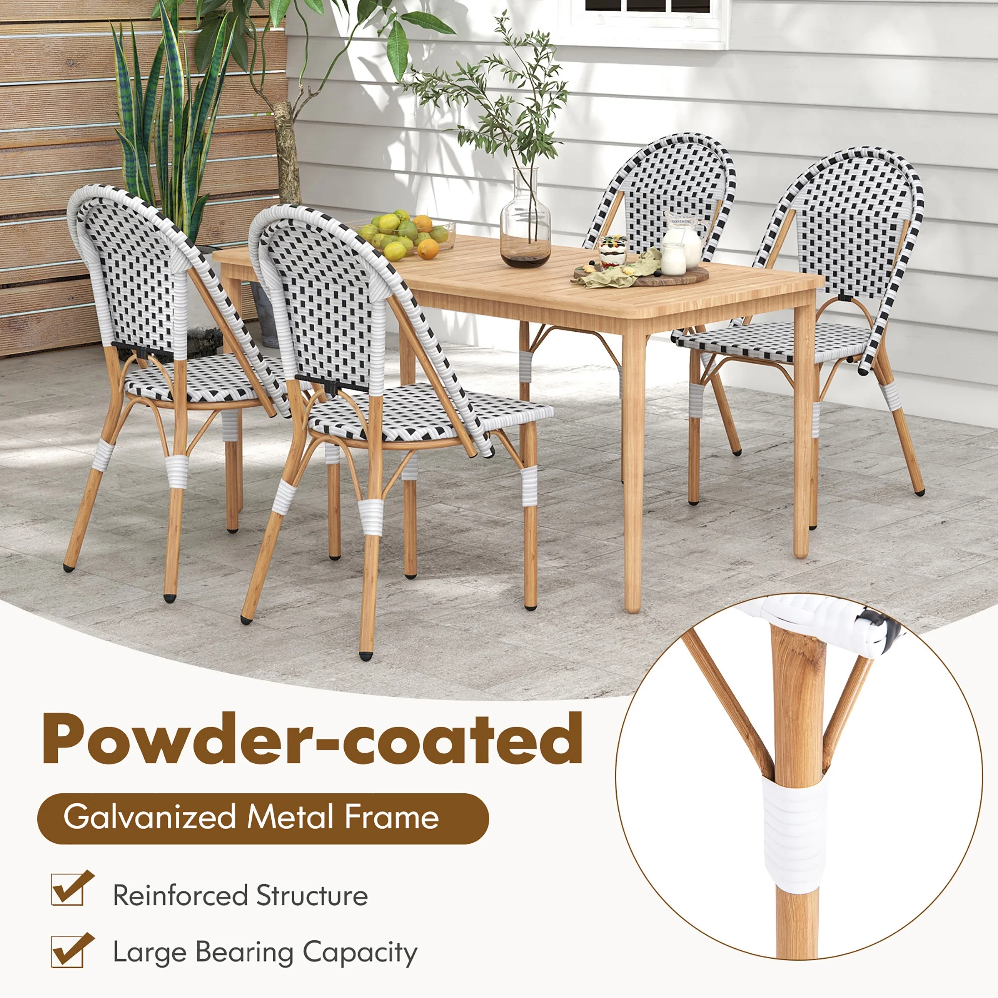 Gymax French Bistro Chair Set of 4 w/ Hand-woven Rattan Galvanized Metal Frame Outdoor - Image 7