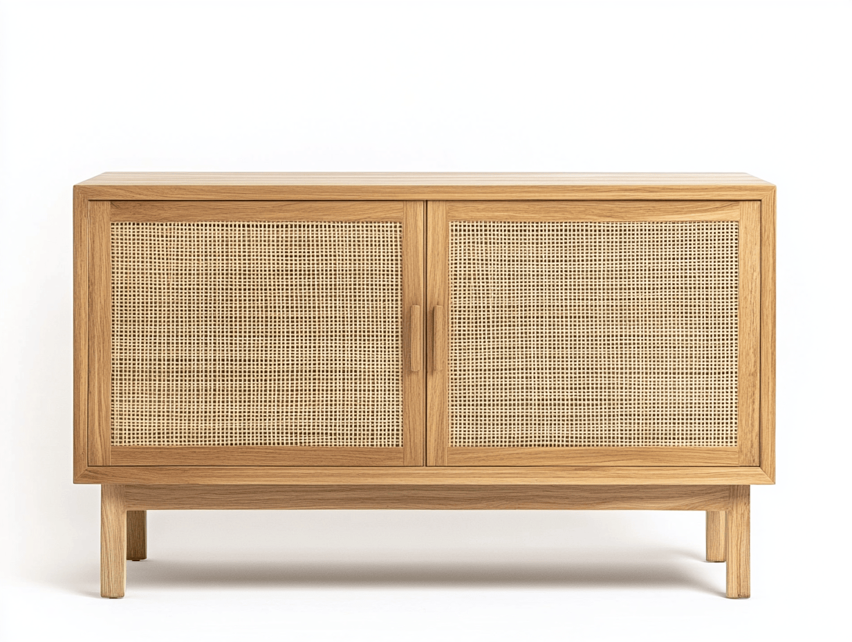 Armario de madera clara con puertas de ratán y patas de madera