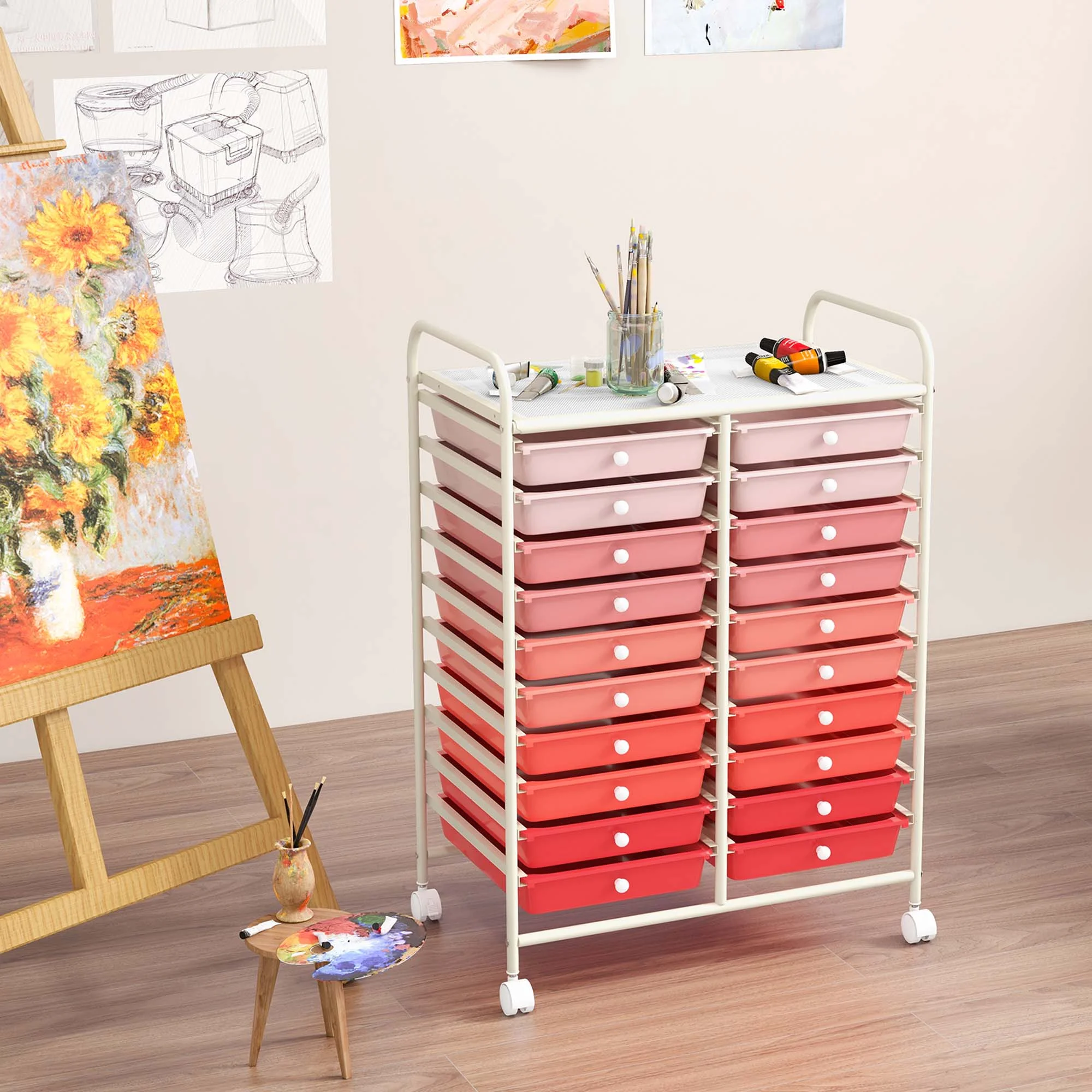 Costway 20 Drawer Rolling Storage Cart Tools Scrapbook Paper Office School Organizer Yellow - Image 58