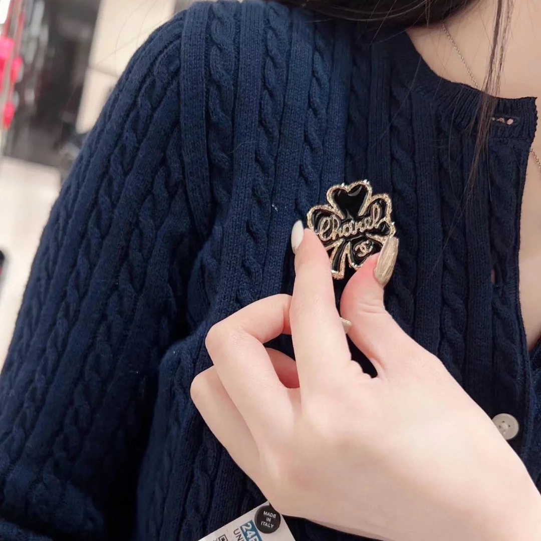 Chanel Black Lucky Clover Brooch - Original Replica Club