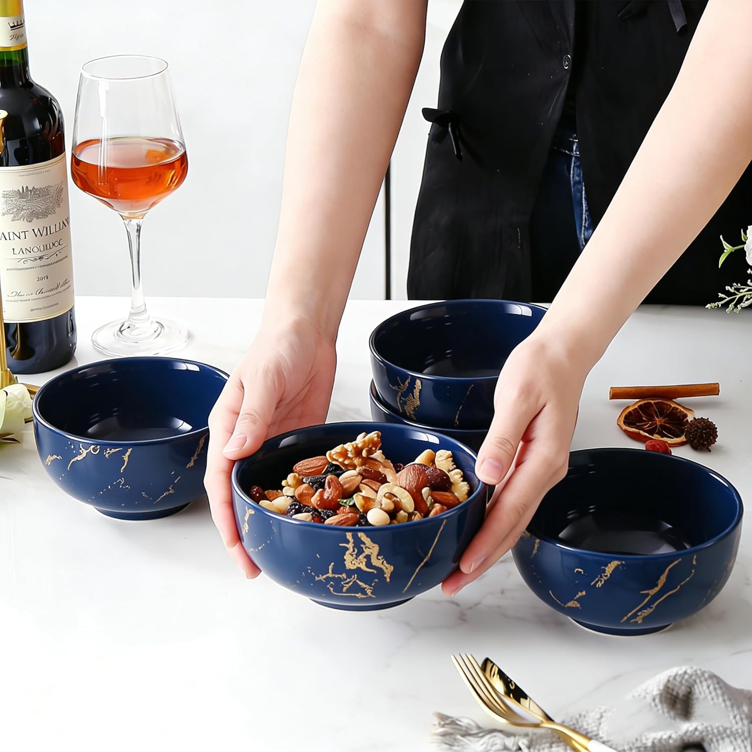 6-Piece Blue and Gold Marble Ceramic Bowls, 20 oz – Bohemian Soup & Cereal Bowl Set, Dishwasher & Microwave Safe, for Ramen, Pasta, Salad, Dessert